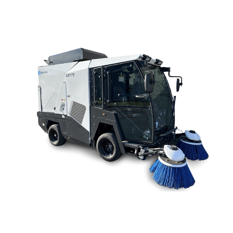 A modern street sweeper vehicle with two large rotating blue brushes at the front, designed for urban cleaning, offering the best value in new cleaning equipment, isolated on a white background.
