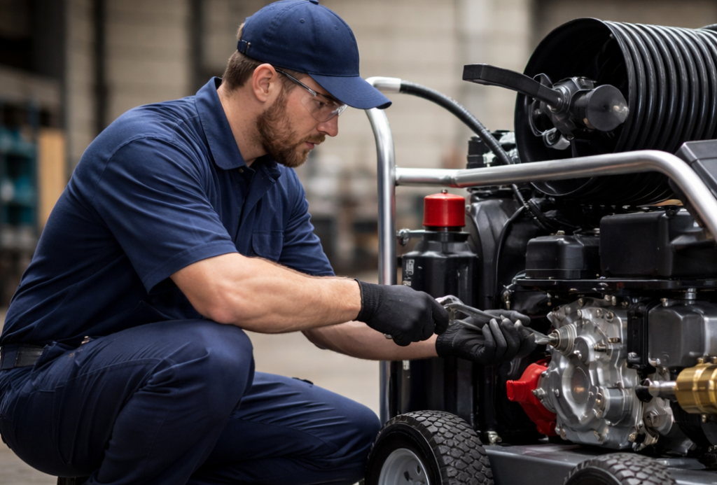 A man in workwear kneels to repair a portable industrial pressure washer, surrounded by tools in a spacious indoor workshop, focusing on pressure washer maintenance for optimal performance and longevity.