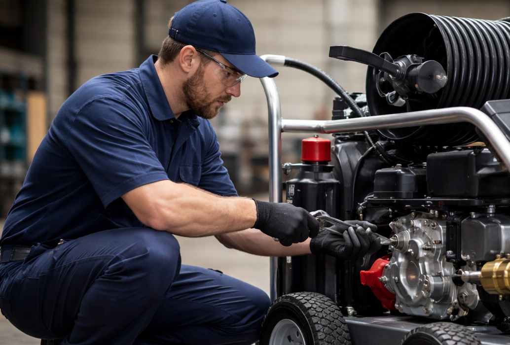 A man in workwear kneels to repair a portable industrial pressure washer, surrounded by tools in a spacious indoor workshop, focusing on pressure washer maintenance for optimal performance and longevity.