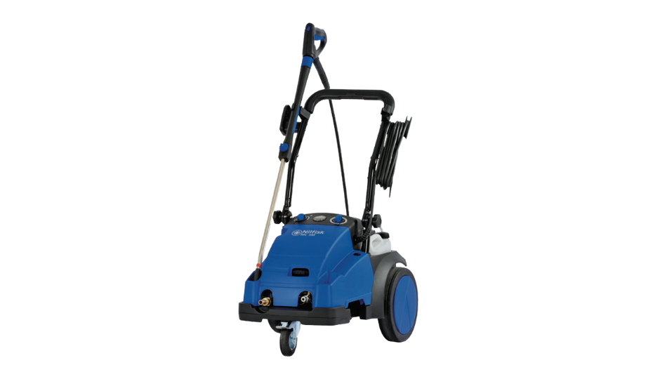 A blue industrial pressure washer with wheels, a hose reel, and a handle is positioned on a white background, designed to deliver excellent pressure washer performance and support long-term use.