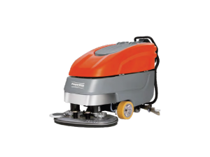 An industrial floor cleaning machine with an orange and gray body, two yellow wheels, and a flat scrubbing base is shown on a white background—ideal for those seeking used floor scrubbers for sale.