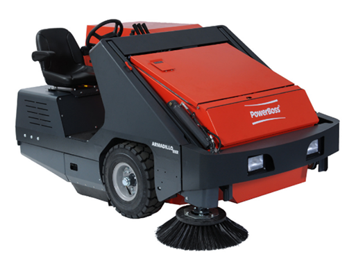 A red and black industrial ride-on floor sweeper with a large rotating brush at the front and a driver's seat behind the control panel, ideal for those seeking used floor sweepers for sale.