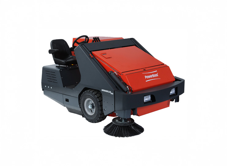 A red and black ride-on industrial floor sweeper with a front-mounted rotating brush and driver's seat, perfect for those seeking used floor sweepers for sale.