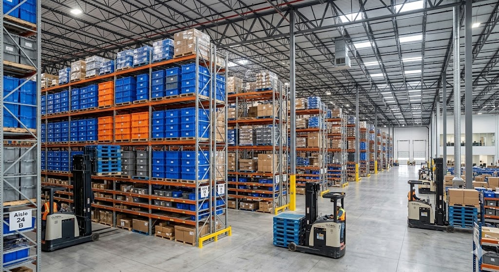 Large Los Angeles distribution center interior with tall shelves stacked with blue and orange bins, forklifts parked along wide aisles, a floor scrubber nearby, and bright overhead lighting.